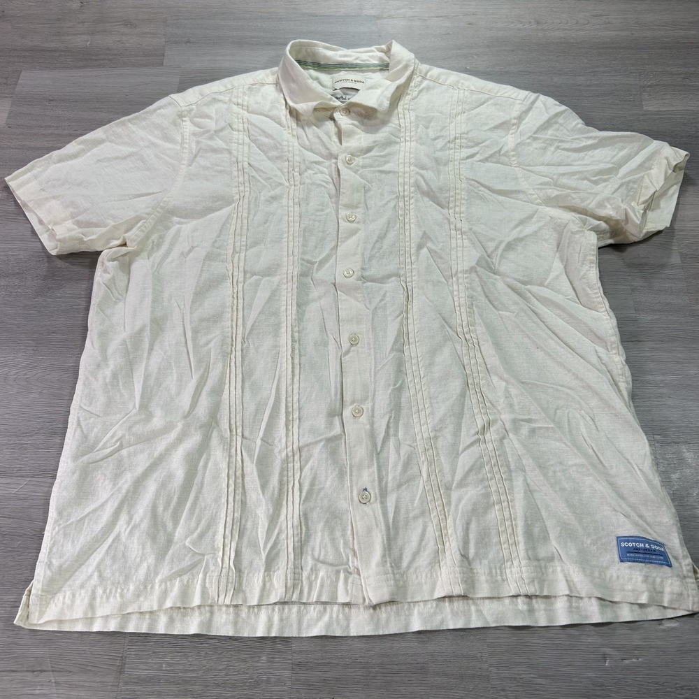 Scotch & Soda Shirt Mens 2XL White Solid Pleated Linen Short Sleeve Button Up
